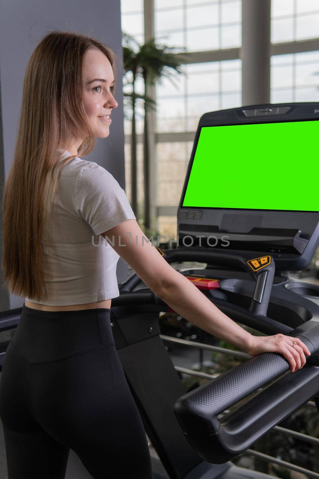 Young indoors length woman treadmill profile full running sport, concept healthy lifestyle workout healthy in body from machine sporty, sportswoman beautiful. Jogging run group, friends green screen