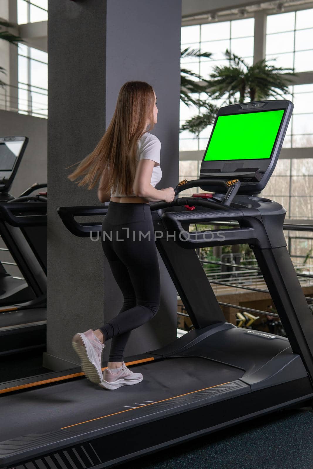 Young woman length indoors treadmill profile full active sport, from fitness attractive from health from adult recreation, muscles together. Man care home,