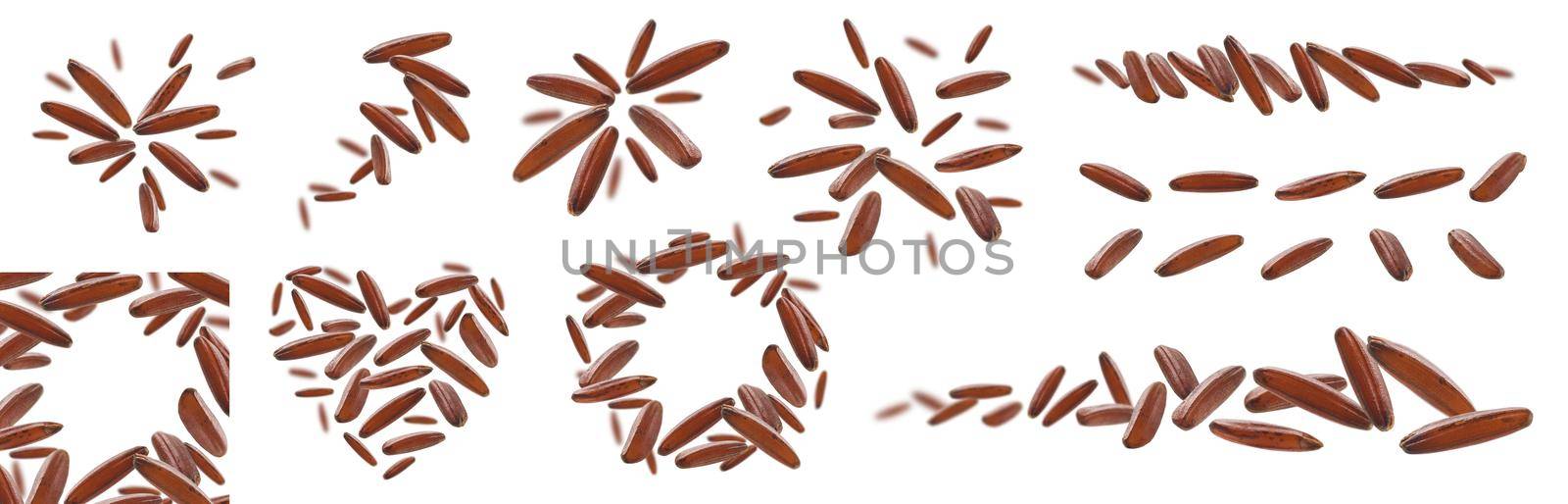 A set of photos. Raw brown rice levitates on a white background.