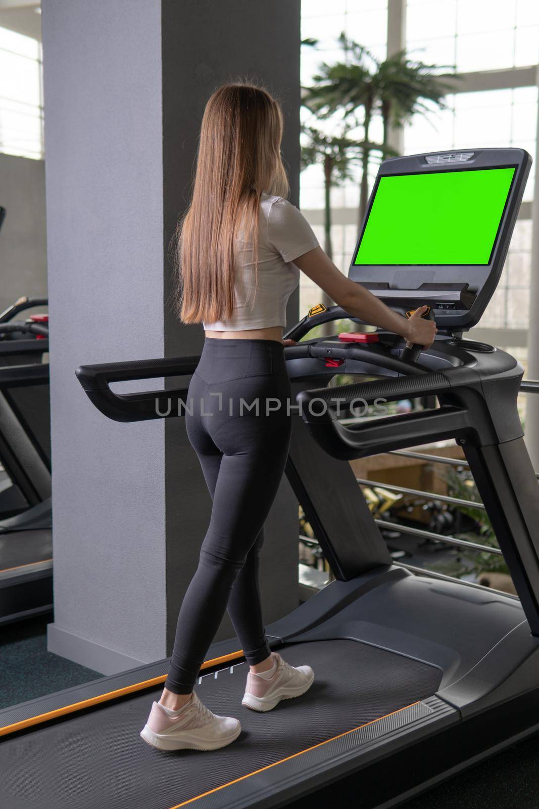 Woman indoors young length treadmill profile full active female, for lifestyle attractive for body and adult gym, sportswoman together. Man care slim, friends green screen by 89167702191