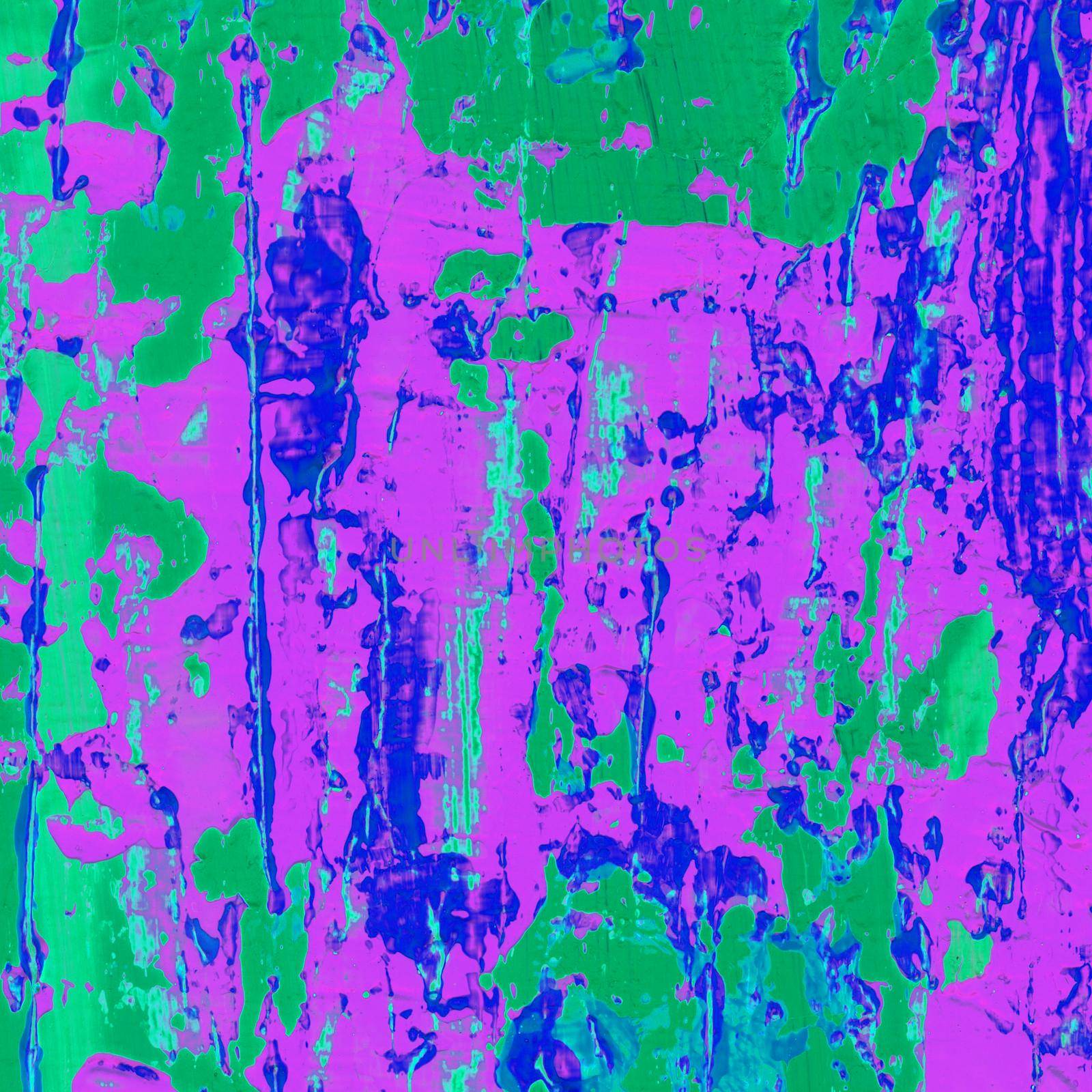 Abstract painting in purple, green and blue, grunge style. Paint added whit a pallette knife.