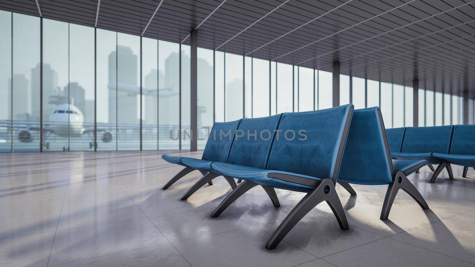 3D rendering illustration of passenger seat in airport waiting area by Arissuu1