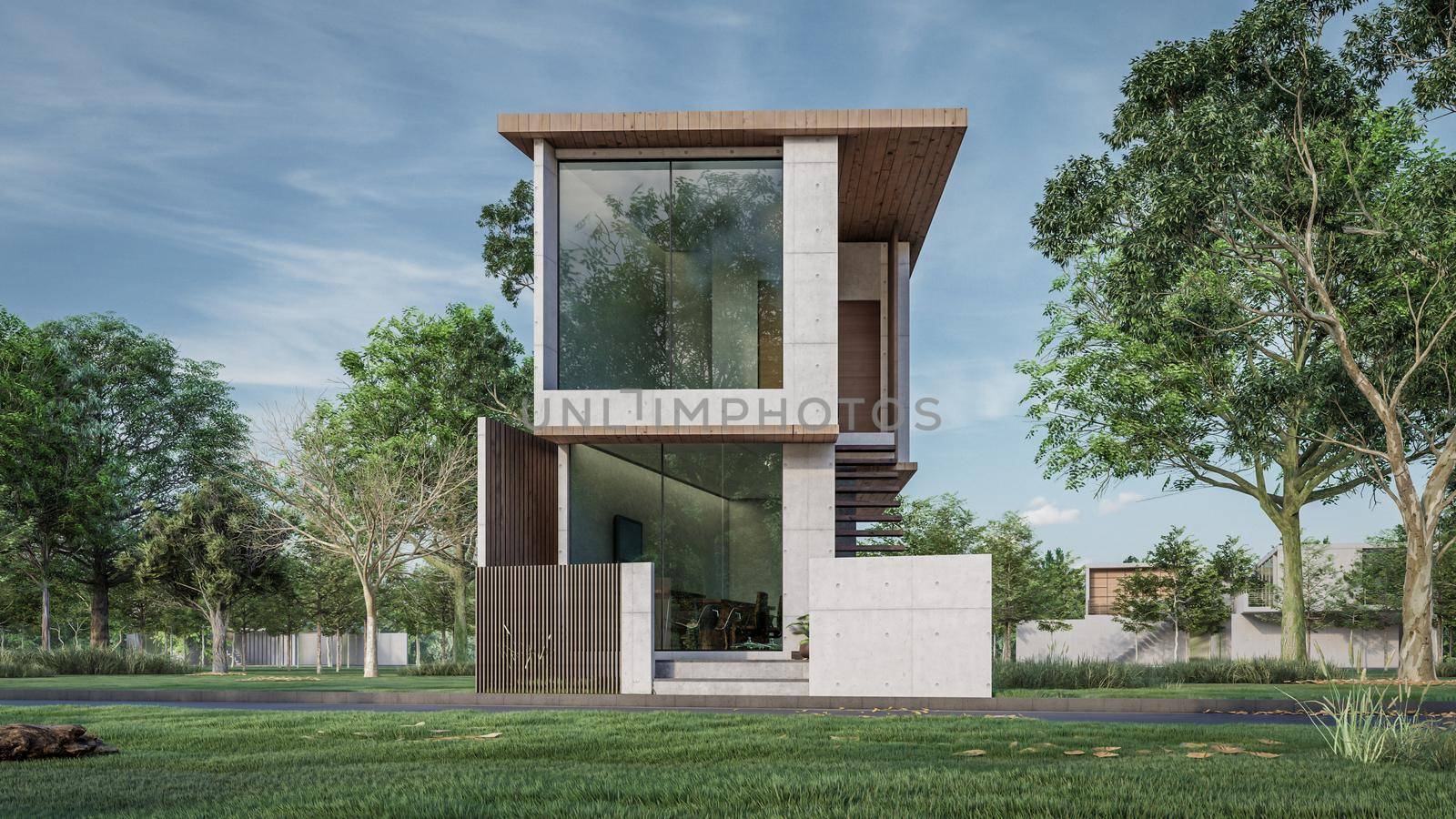 3D rendering illustration of modern house with natural Landscape