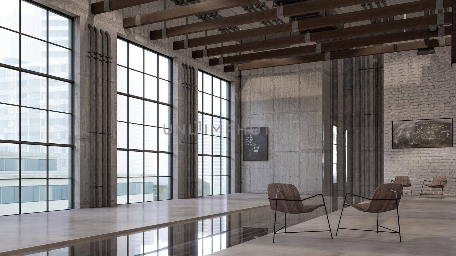 3D Interior Rendering Of Industrial Loft Hall Room Illustration