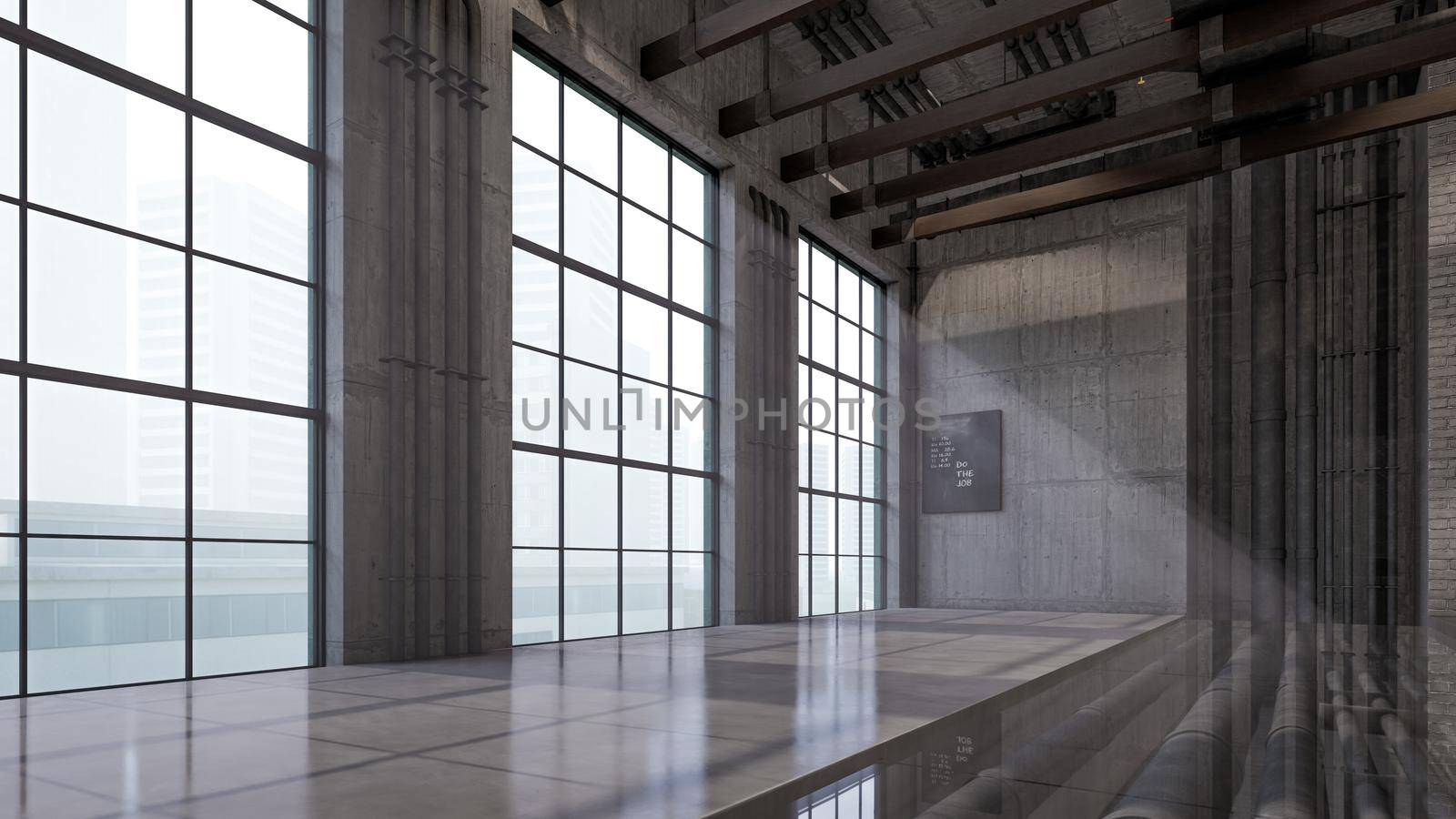 3D Interior Rendering Of Industrial Loft Hall Room Illustration