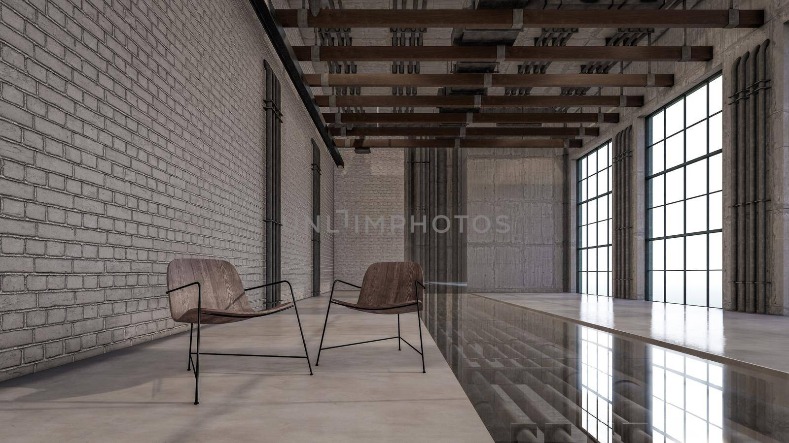 3D Interior Rendering Of Industrial Loft Hall Room Illustration