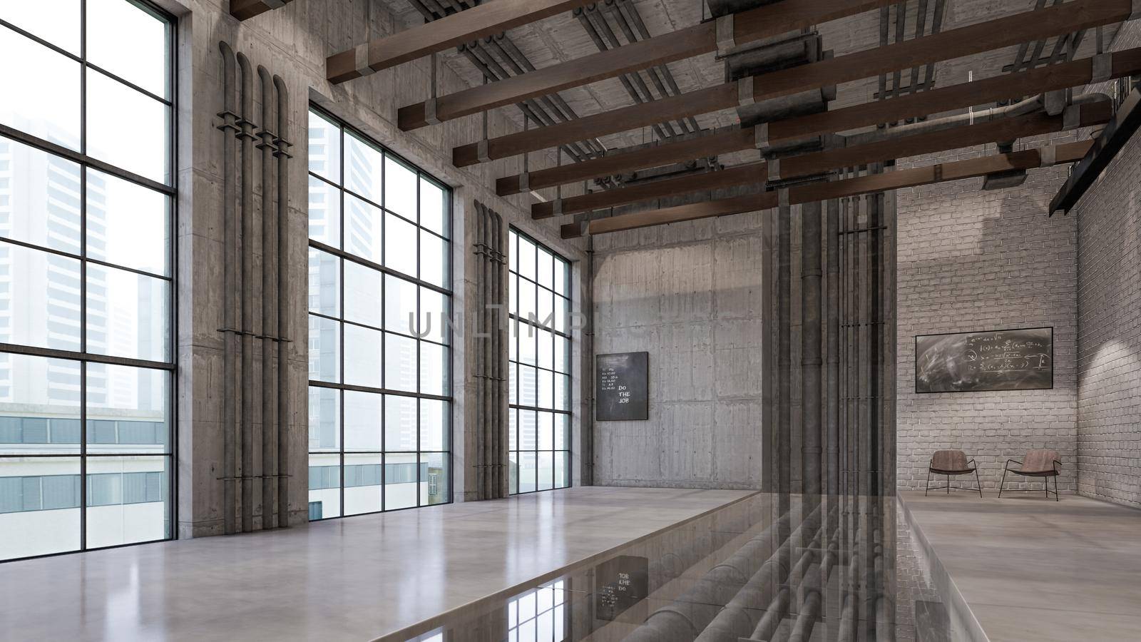 3D Interior Rendering Of Industrial Loft Hall Room Illustration by Arissuu1