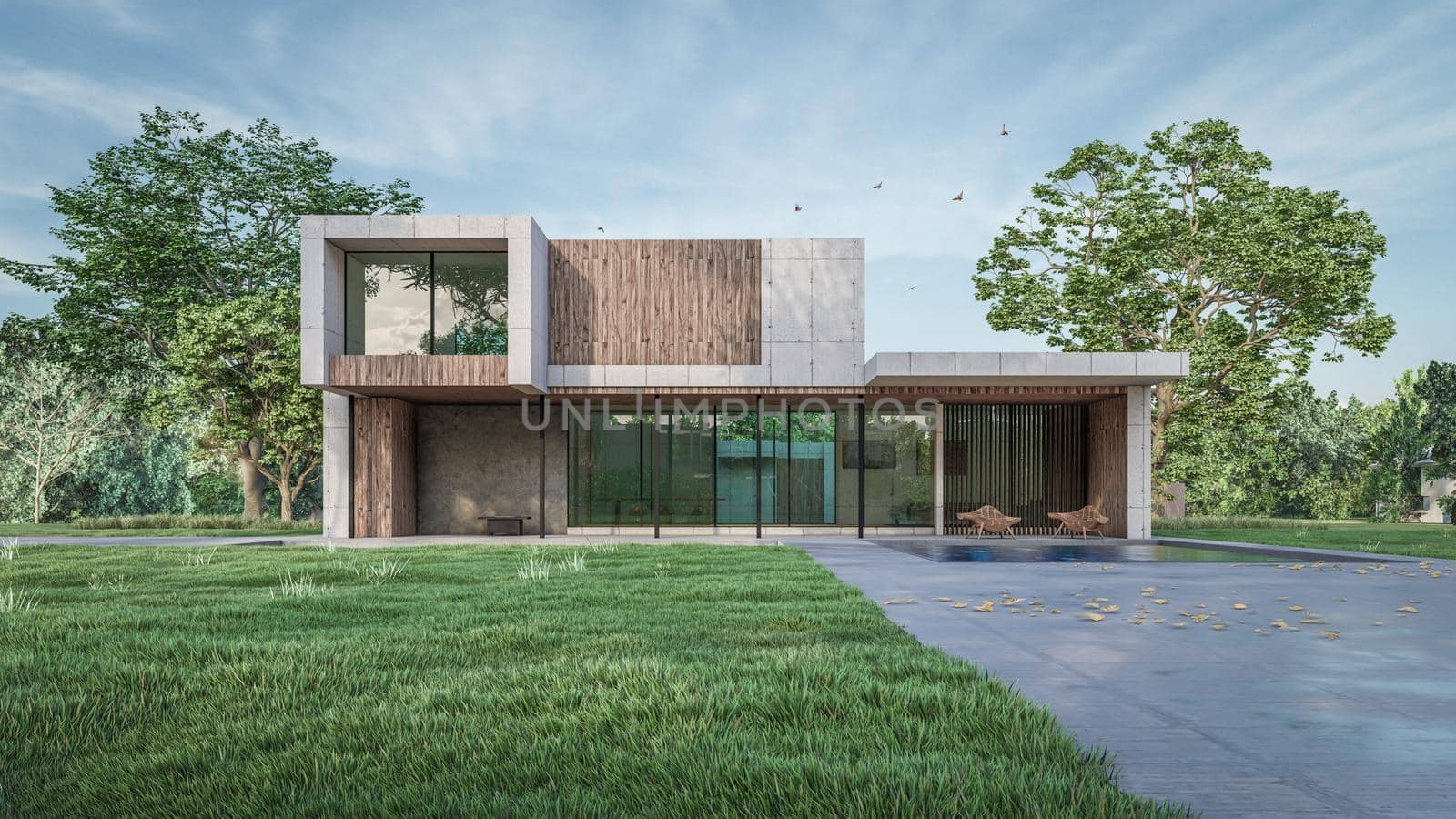 3D Rendering Illustration Of Modern House With Natural Landscape by Arissuu1