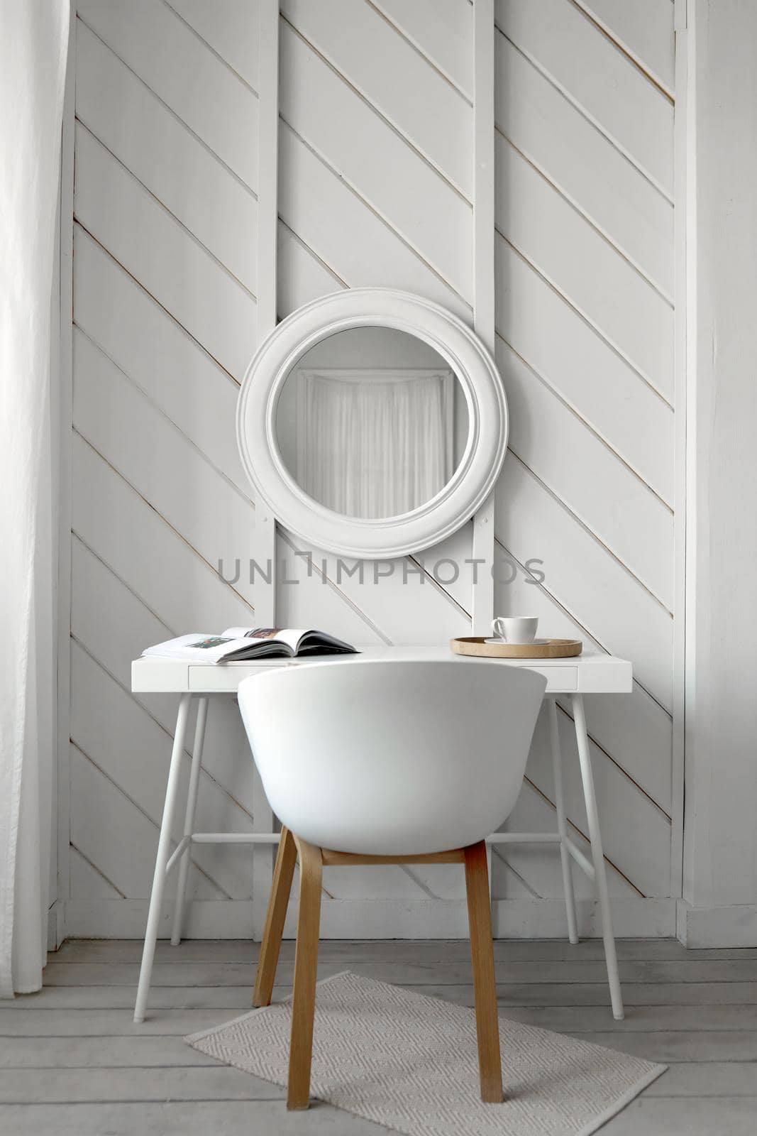 Table near mirror in white wood room by Demkat