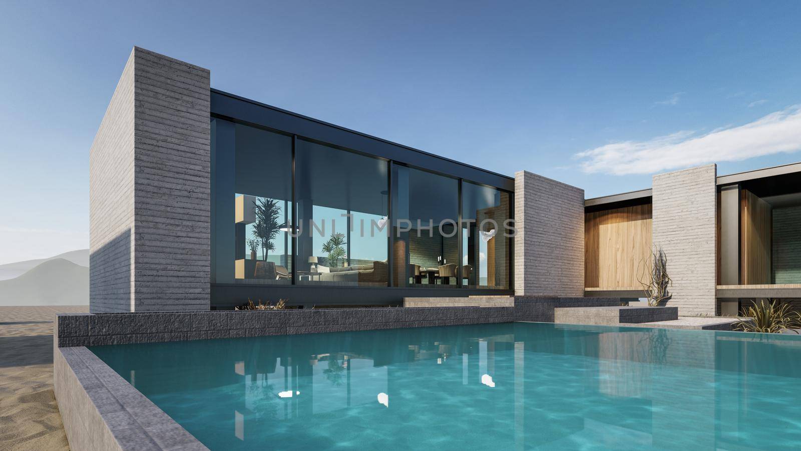 3D rendering illustration of modern house with swimming pool by Arissuu1