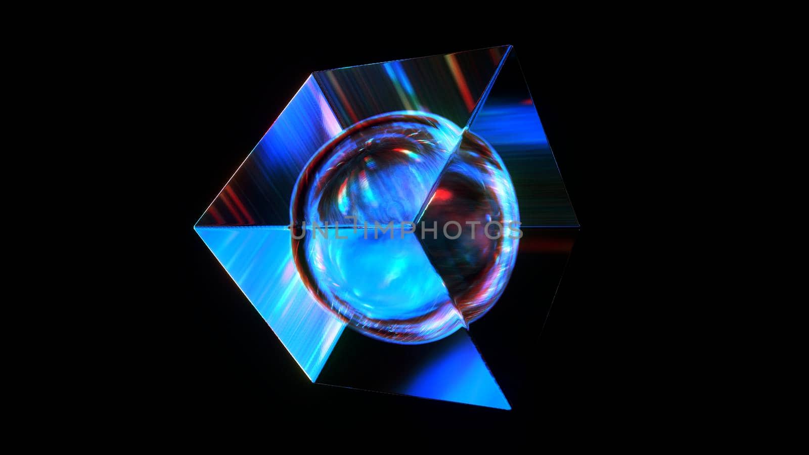 3d rendered abstract glass cube with sphere inside. Detailed reflection and dispersion