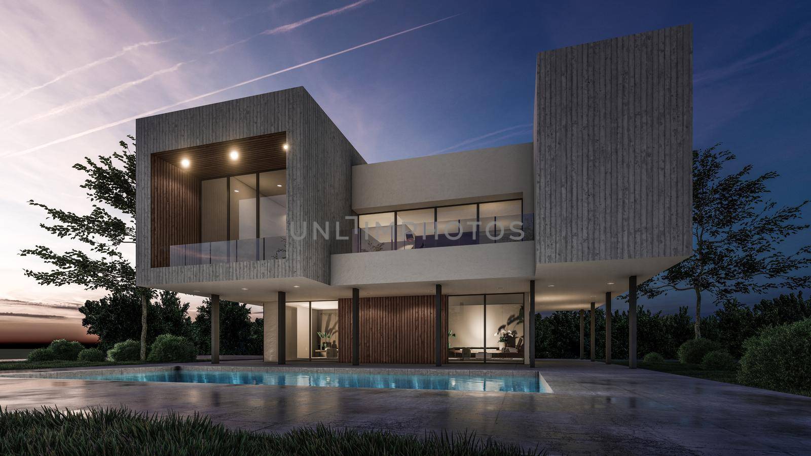 3D rendering illustration of modern house with swimming pool reflection by Arissuu1