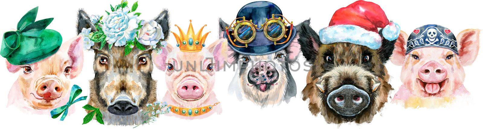Cute border from watercolor portraits of pigs. Watercolor illustration of pigs in wreath of peonies, Santa hat, golden crown, bandana and bowler with steampunk glasses