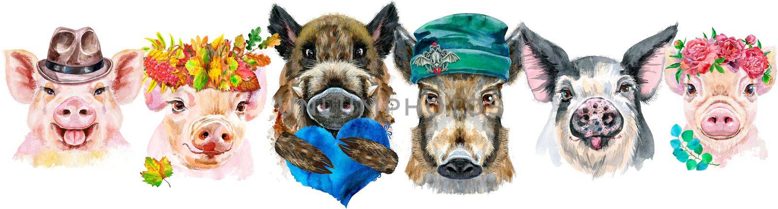 Cute border from watercolor portraits of pigs. Watercolor illustration of pigs in wreath of autumn leaves, wreath of peonies, beanie, brown hat, with blue heart
