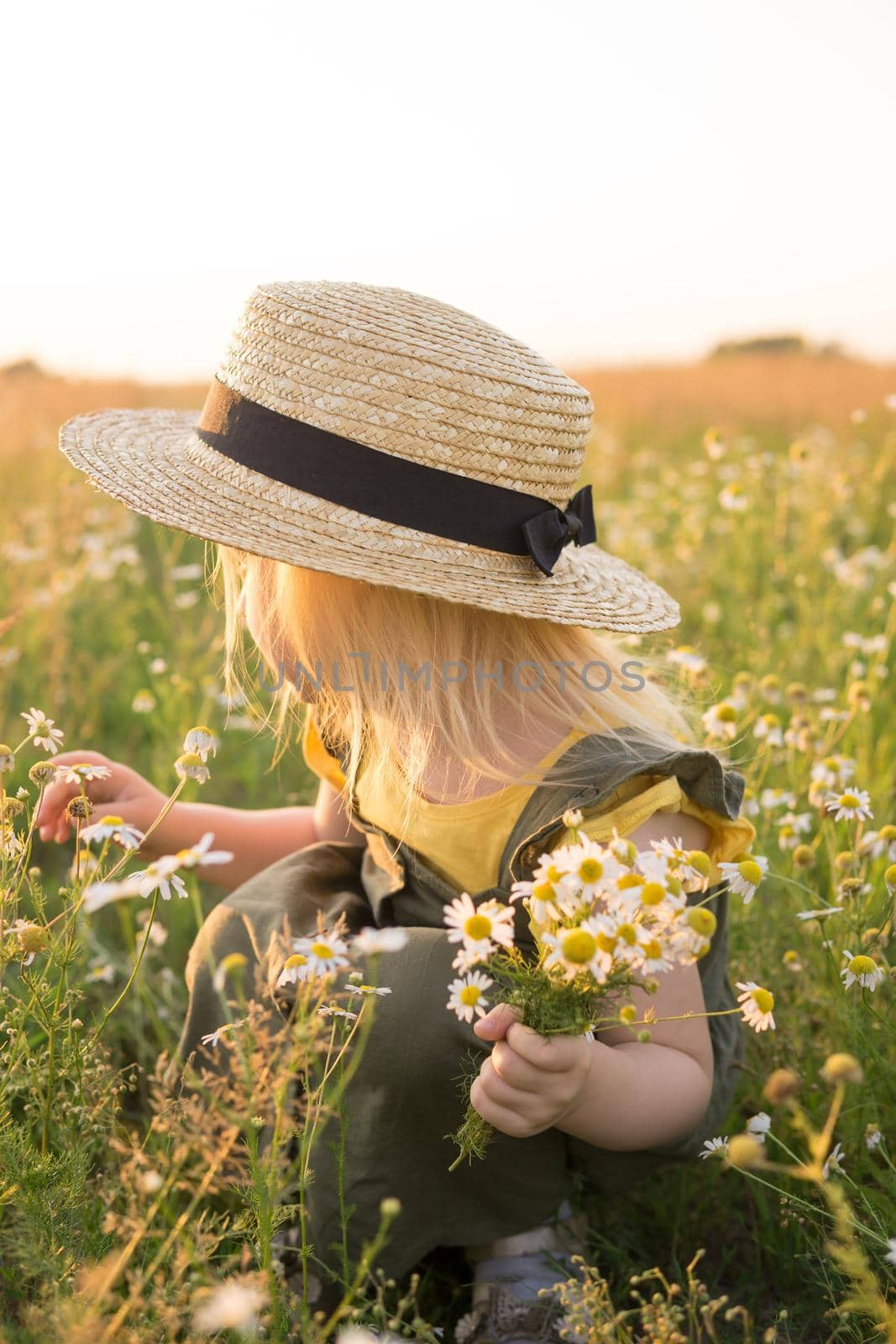 A little blonde girl in a straw hat walks in a field with a bouquet of daisies. The concept of walking in nature, freedom and an eco-friendly lifestyle.