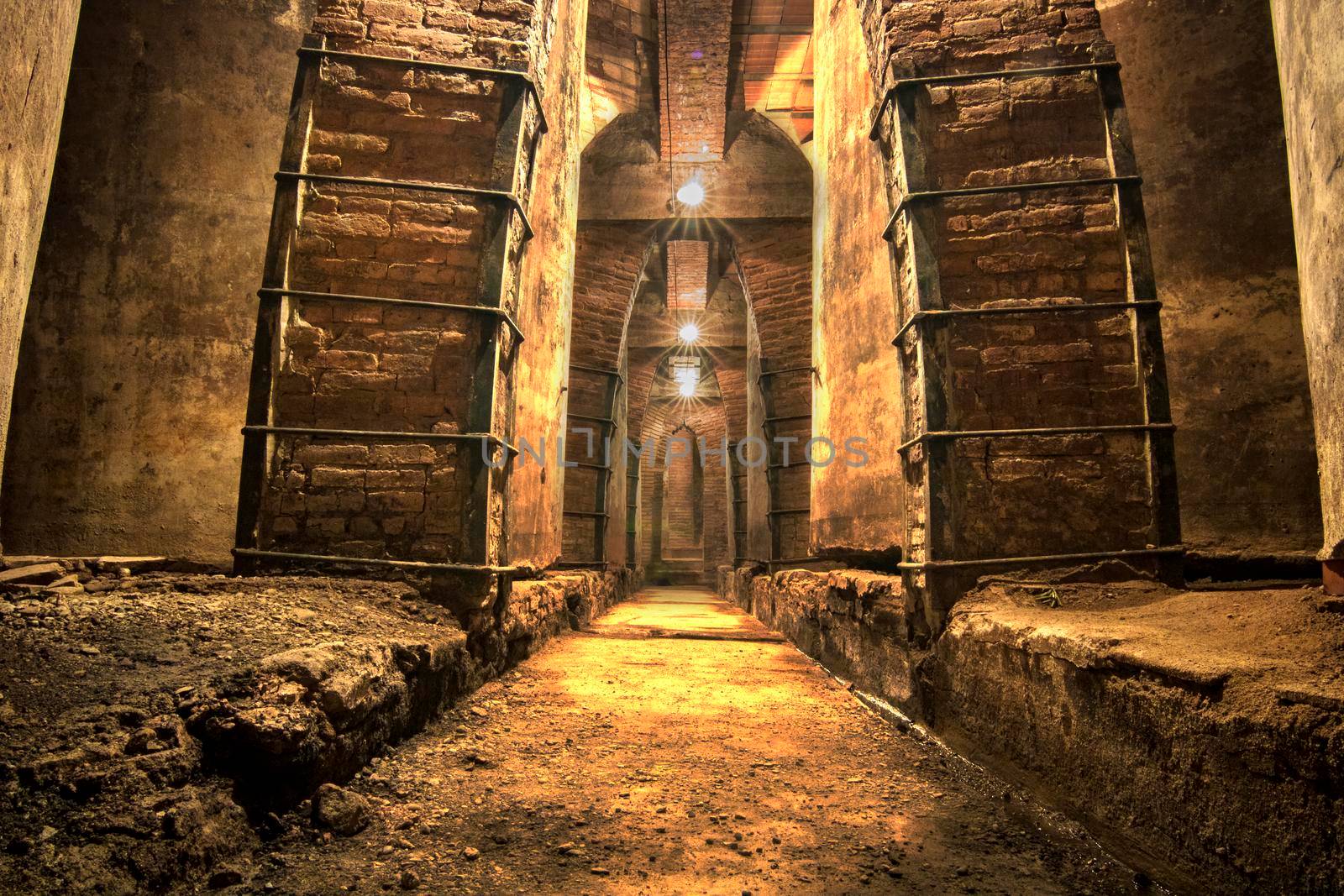 Corridor perspective enlightened in an old oil cellar