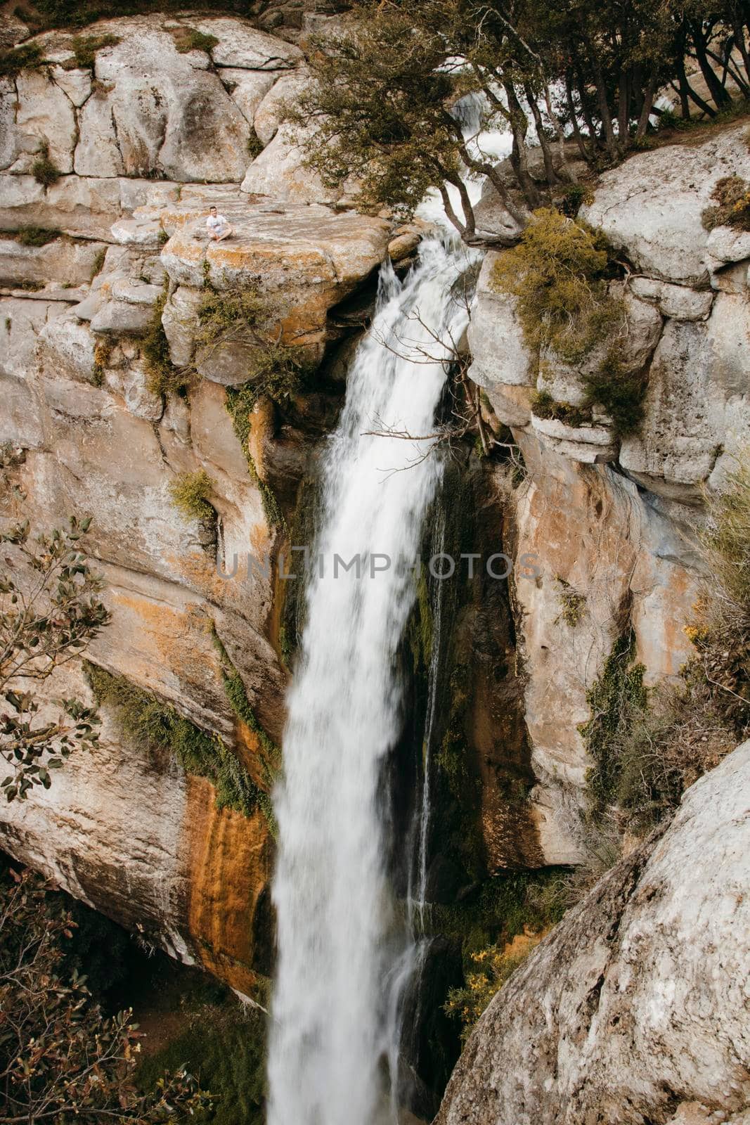Big waterfall Sallent in a rocky mountain in Catalonia