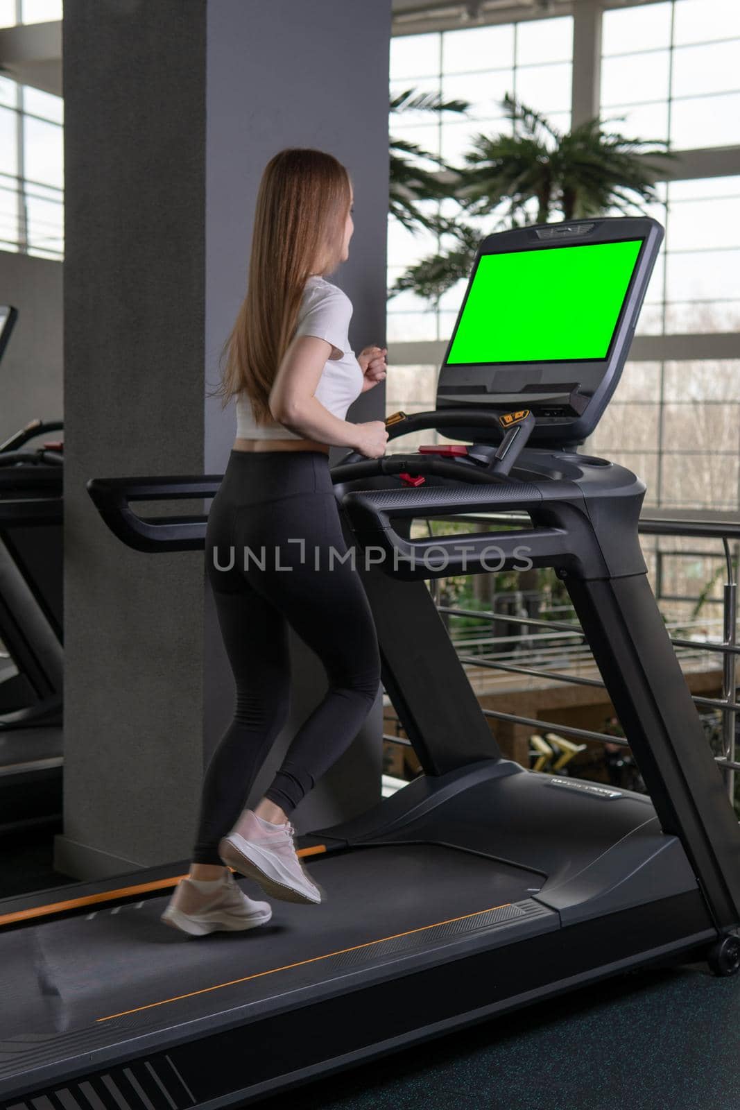 Treadmill indoors length woman young profile full running sport, concept healthy lifestyle lifestyle fit in person for machine sporty, muscles athletic. Jogging legs group,