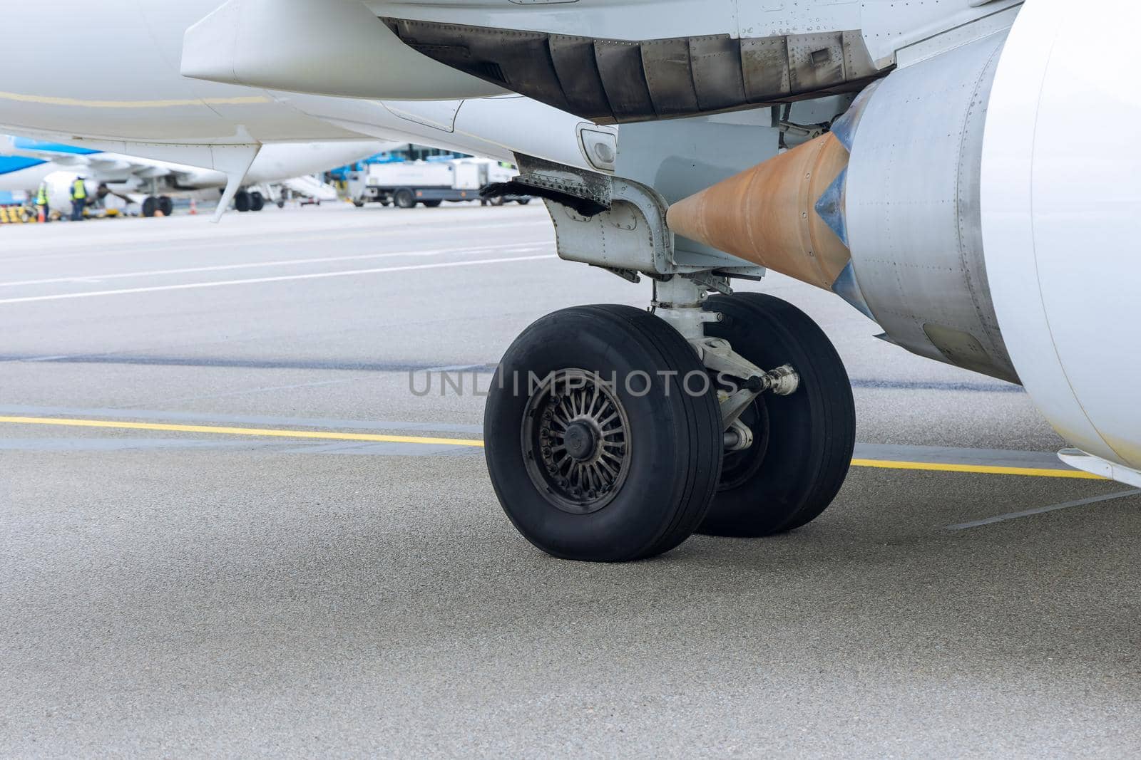Close up view wheel of airplane for airport