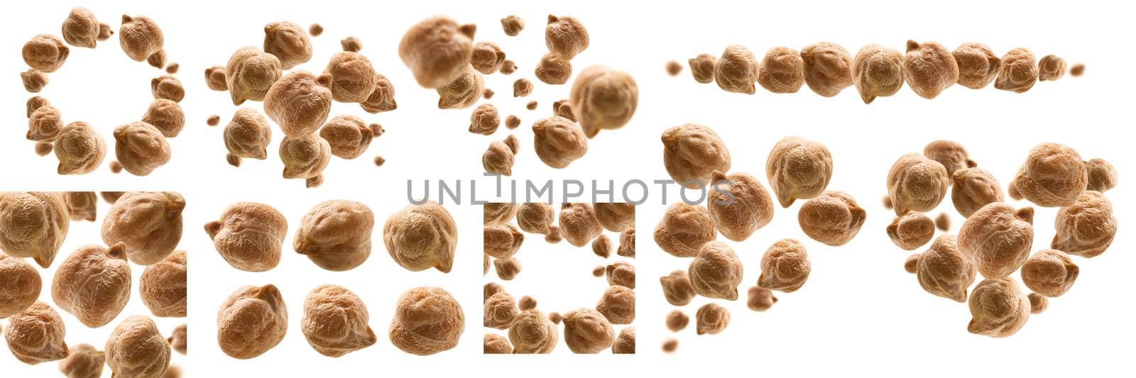 A set of photos. Ripe chickpeas levitate on a white background.