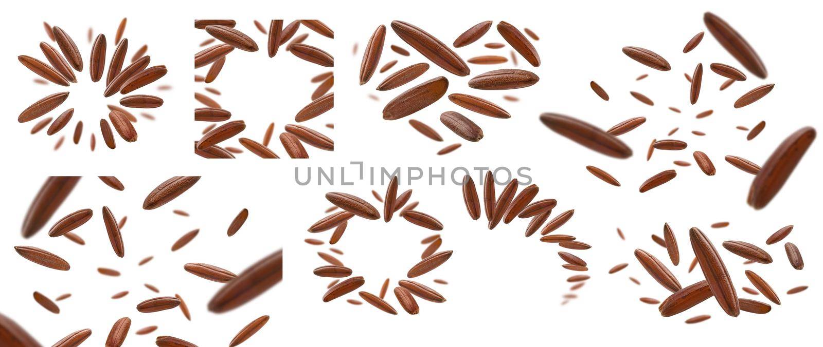 A set of photos. Raw brown rice levitates on a white background.