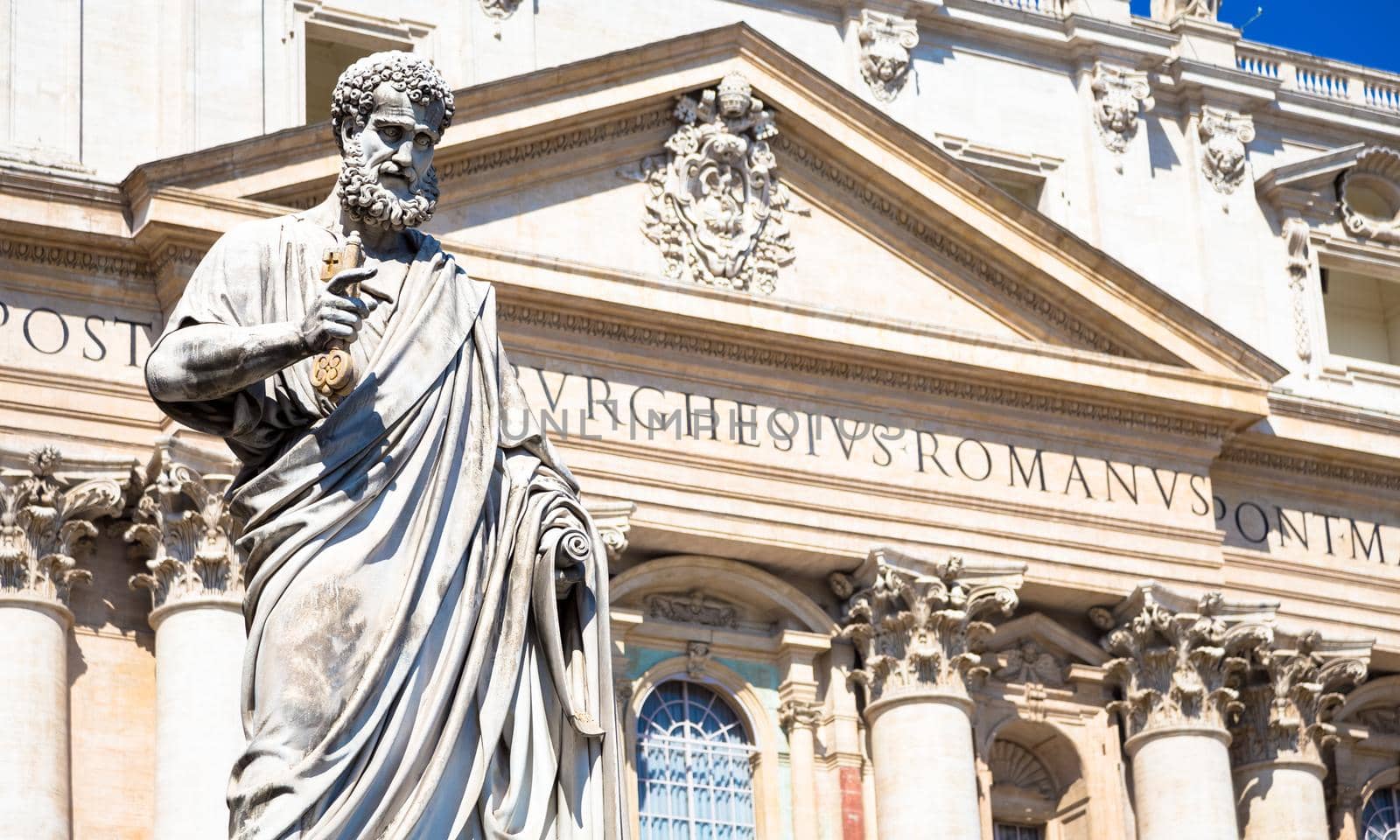 Detail of Saint Peter statue located in front of Saint Peter Cathedral entrance in Rome, Italy - Vatican City