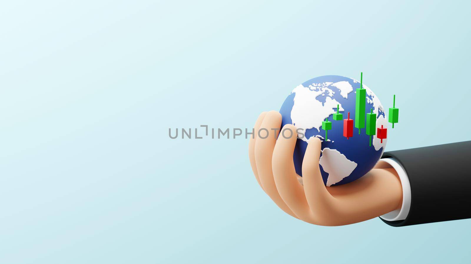 Investment concept design of business hand holding global with candlestick chart 3D render by Myimagine