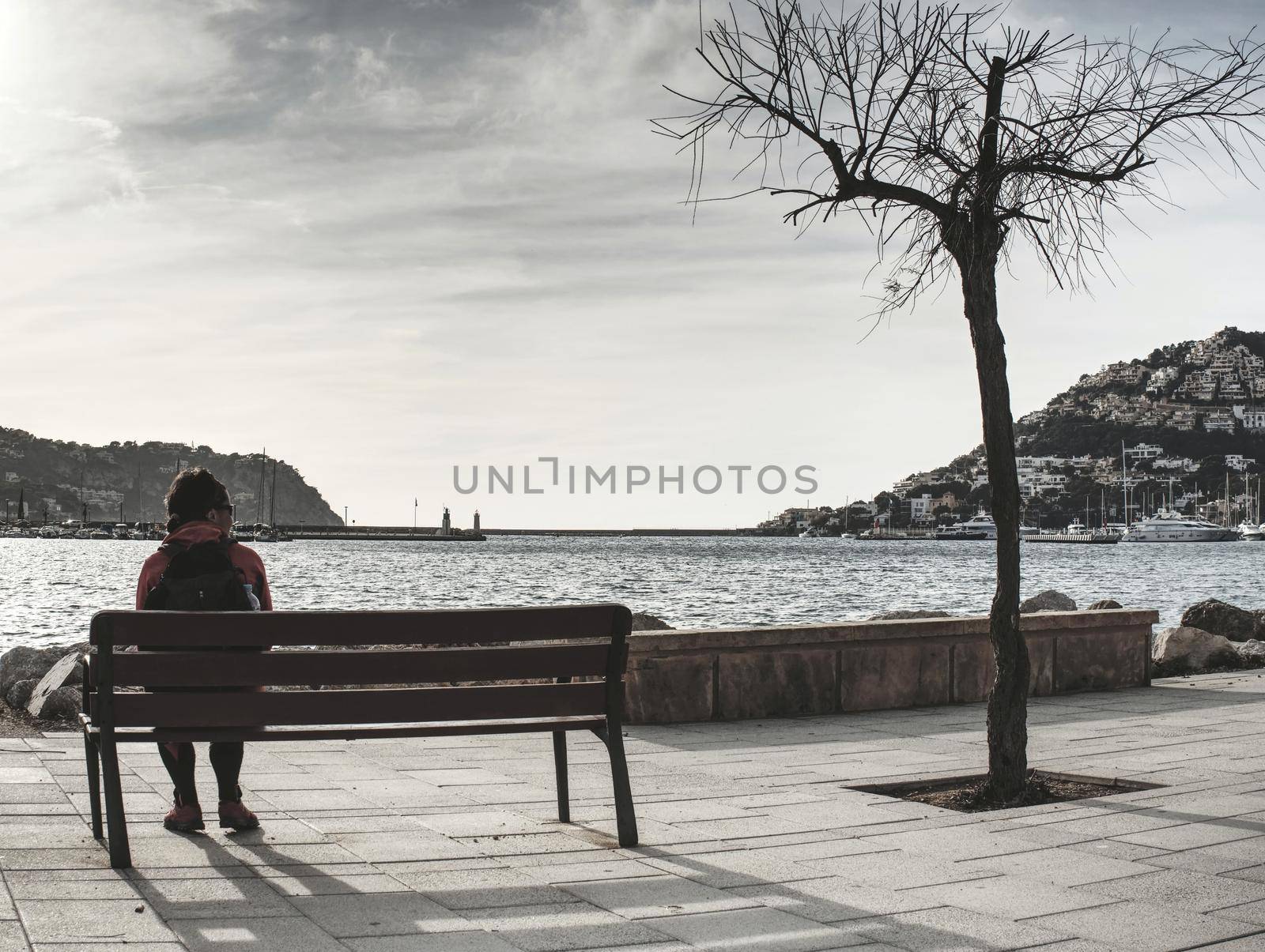 Woman hiker sit on steel wooden bench in port bay and watch sea. Dark hair girl with sunglasses, winter season in holiday resort.