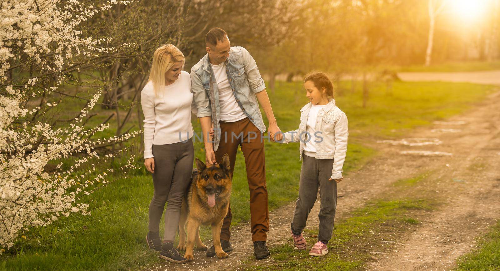 Smiling Father, Mother, daughter. Sun Shines on Idyllic Happy Family have Fun at the Backyard by Andelov13