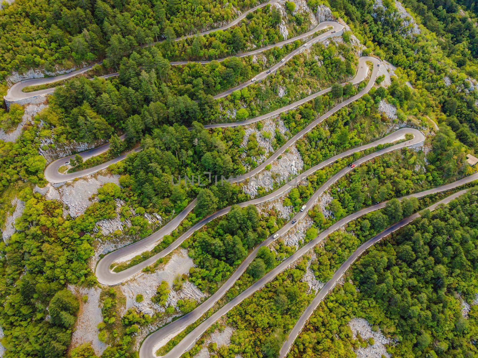 Aerial view on the Old Road serpentine in the national park Lovcen, Montenegro by galitskaya