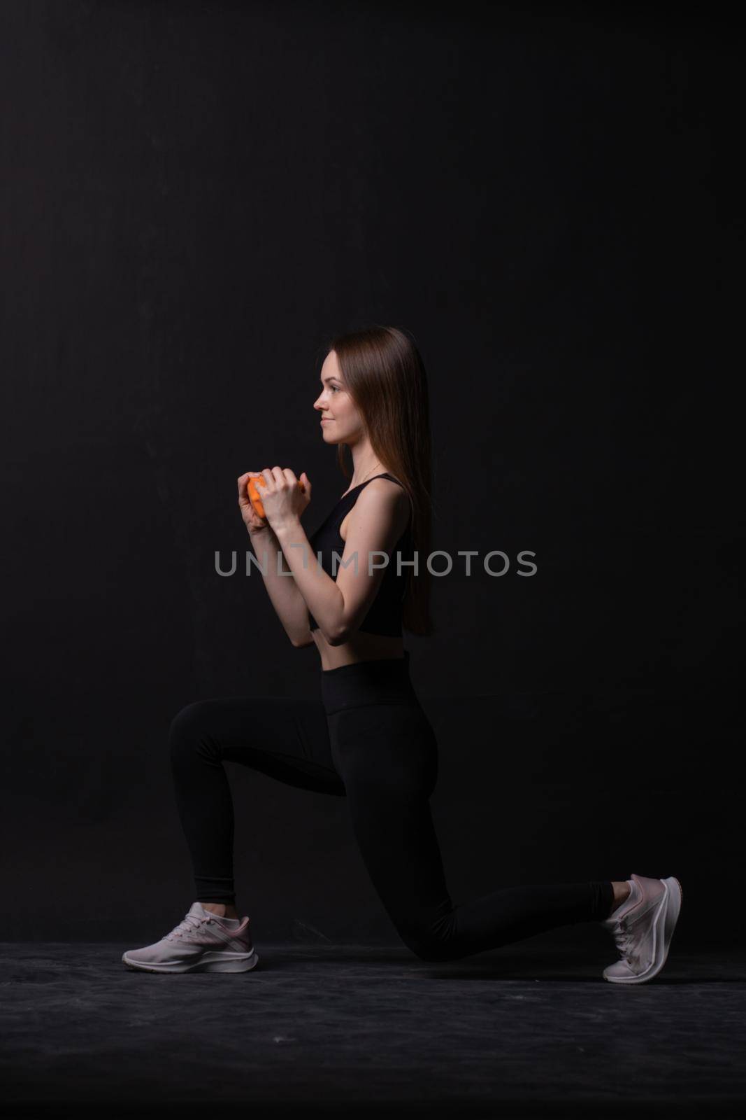 Black orange beautiful with a . Background dumbbells on maiden orange two white, for health body in lifestyle and sport caucasian, happy plus. Fat big joy, figure young overweight doing