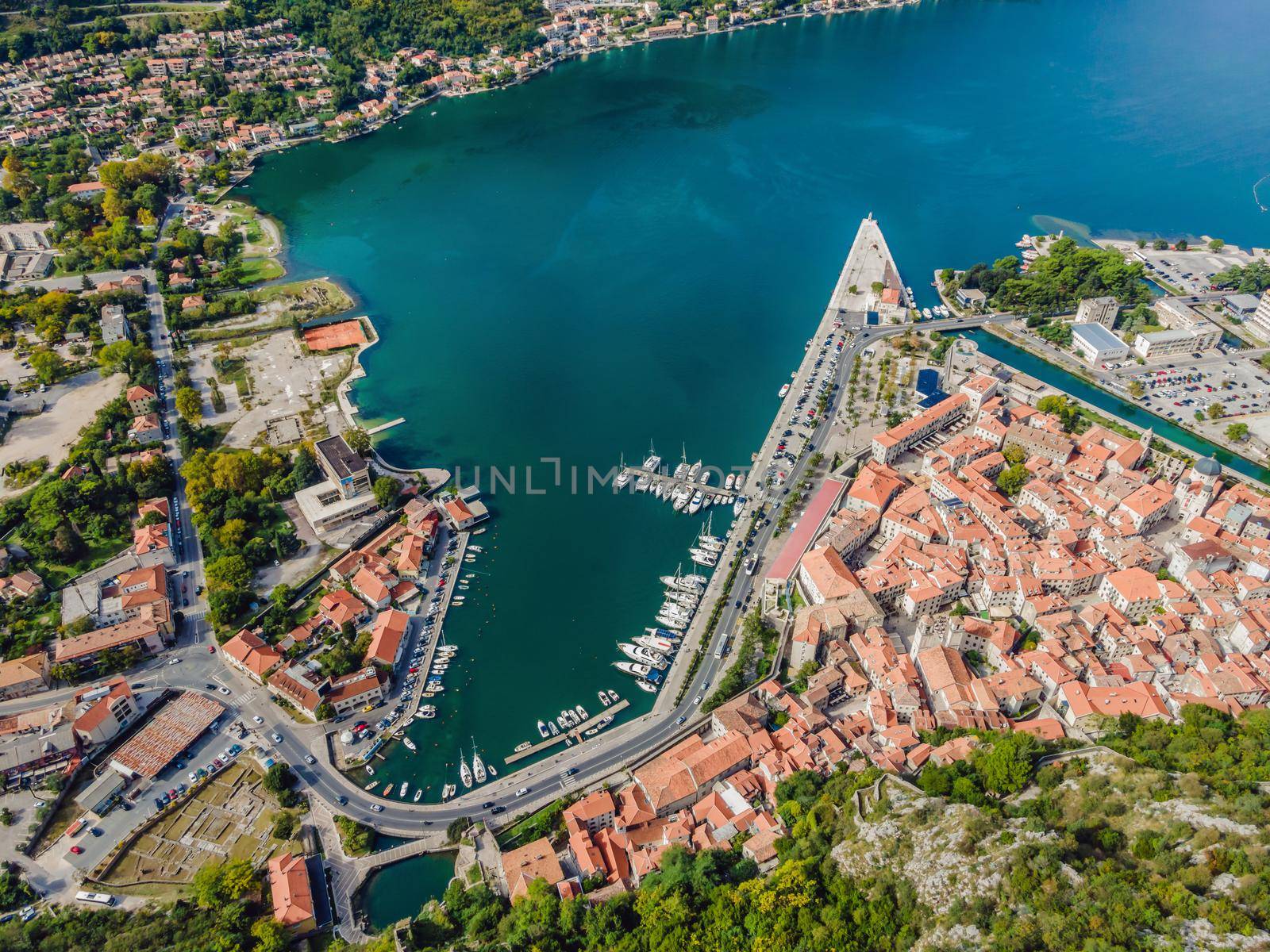 Montenegro. Bay of Kotor, Gulf of Kotor, Boka Kotorska and walled old city. Fortifications of Kotor is on UNESCO World Heritage List since 1979.