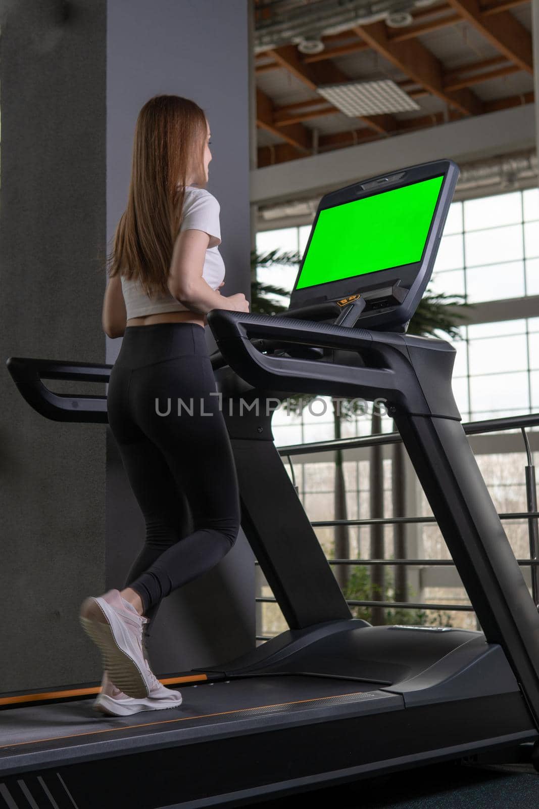 Length treadmill indoors young woman profile full running sport, concept healthy lifestyle fitness healthy from health and adult gym, muscles together. Man run slim, portrait