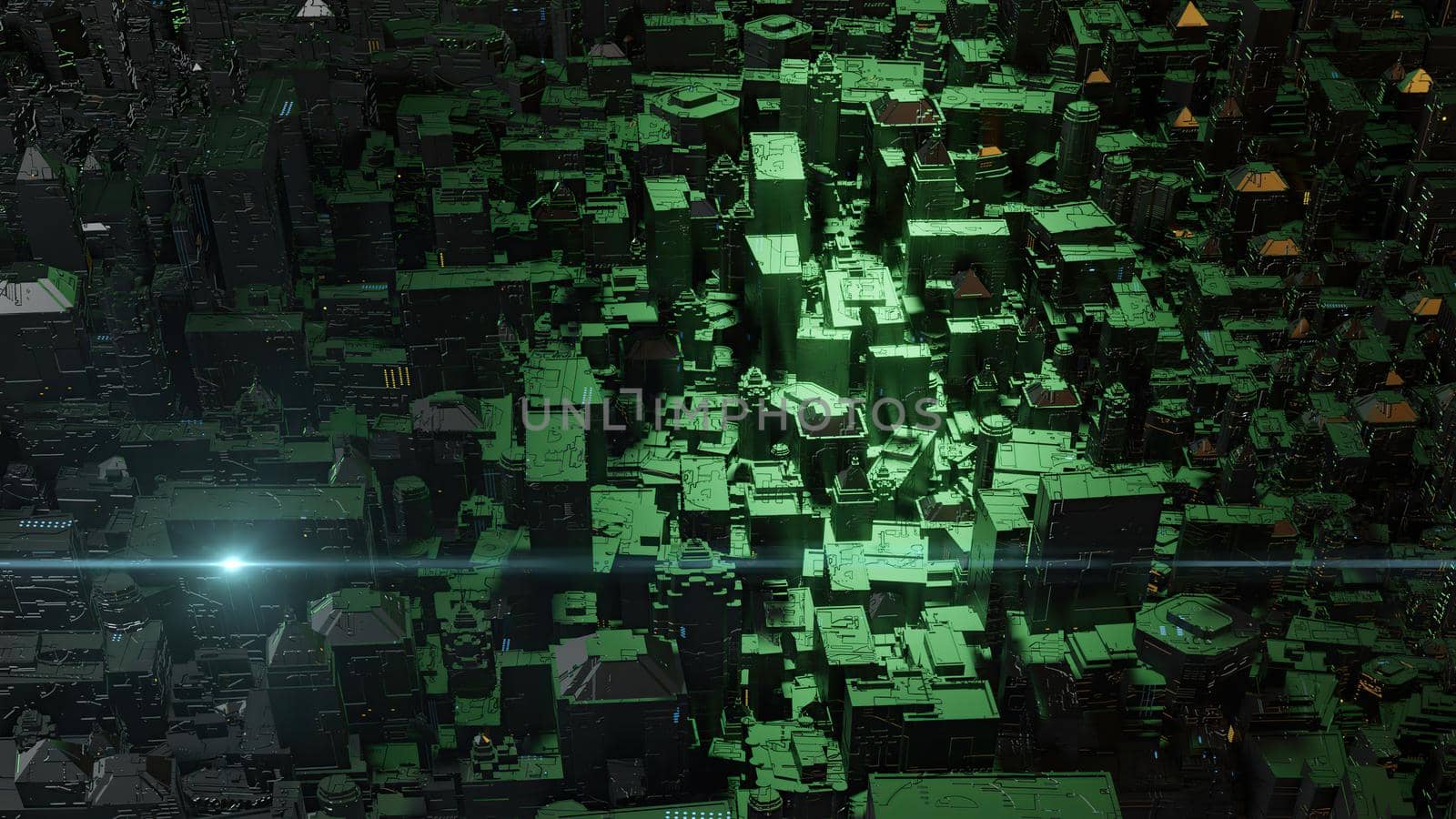 3d illustration - alien sci-fi city with optical flares