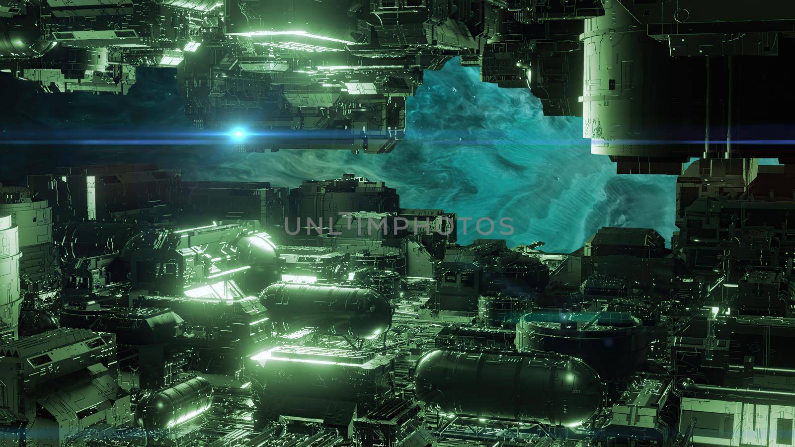 3d illustration - alien sci-fi city with optical flares