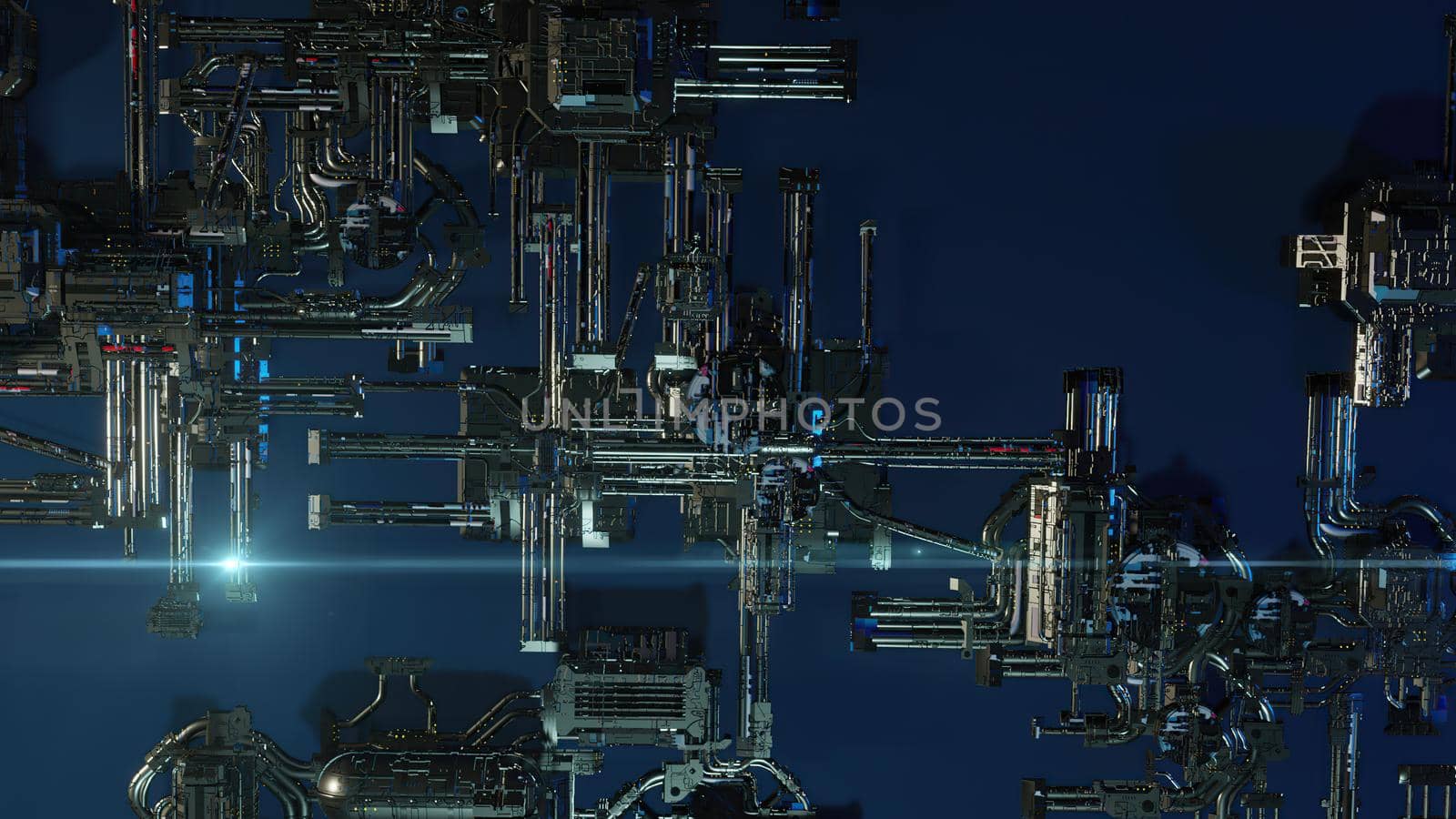 3d illustration - alien sci-fi city with optical flares
