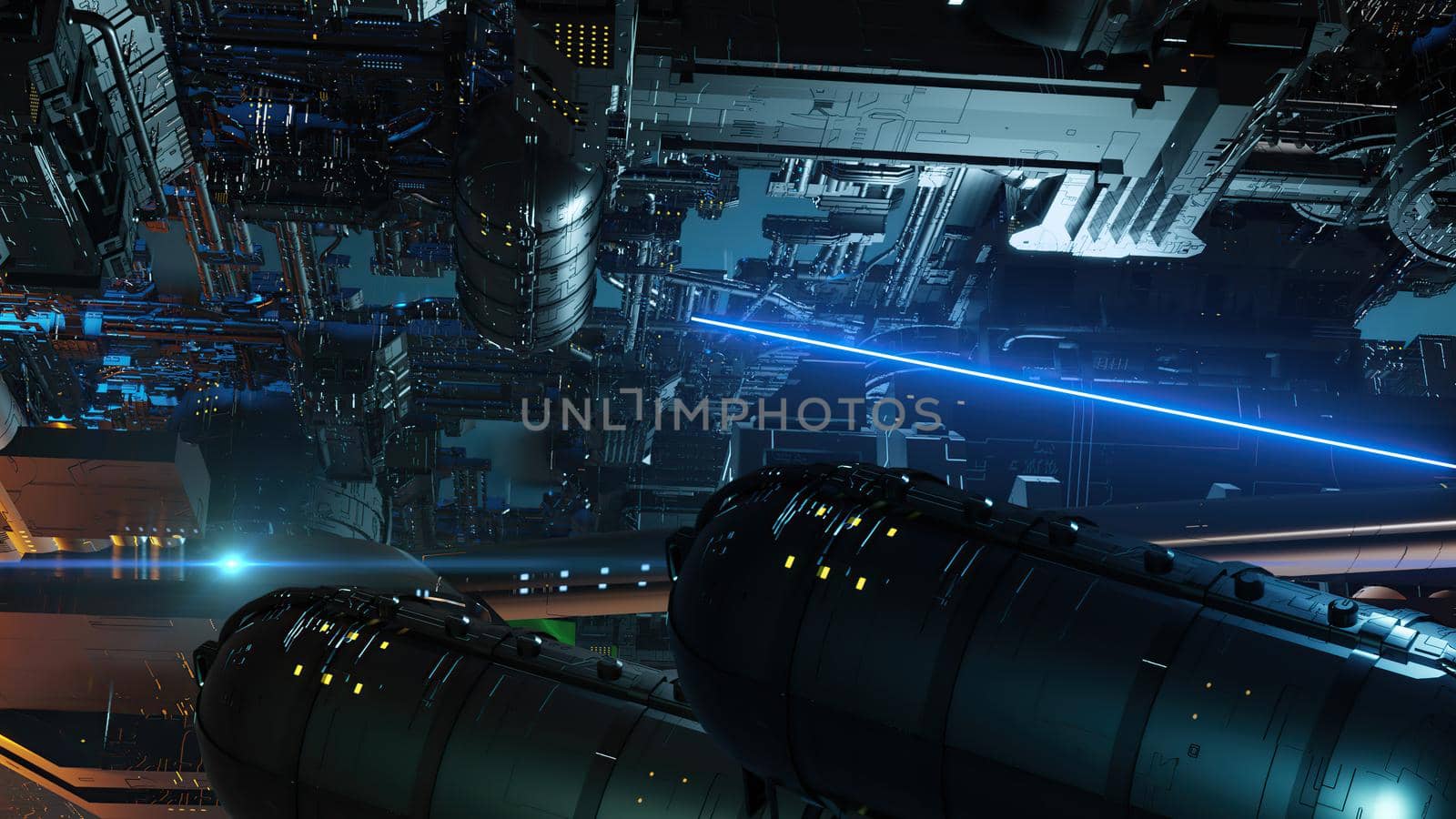 3d illustration - alien sci-fi city with optical flares