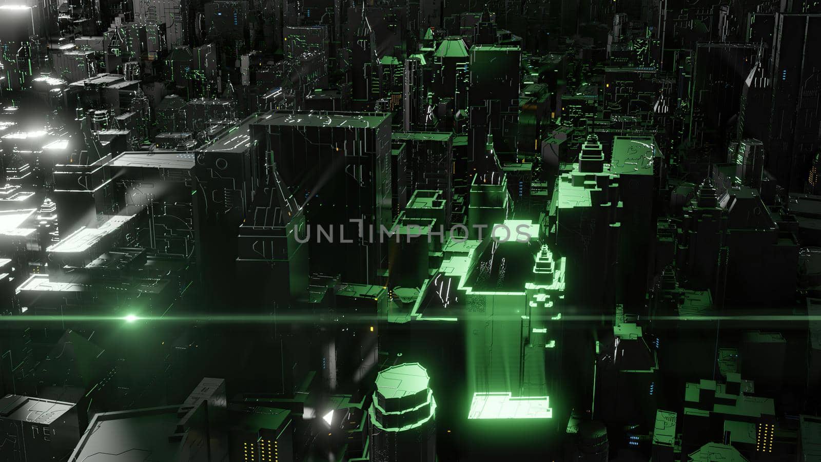 3d illustration - alien sci-fi city with optical flares