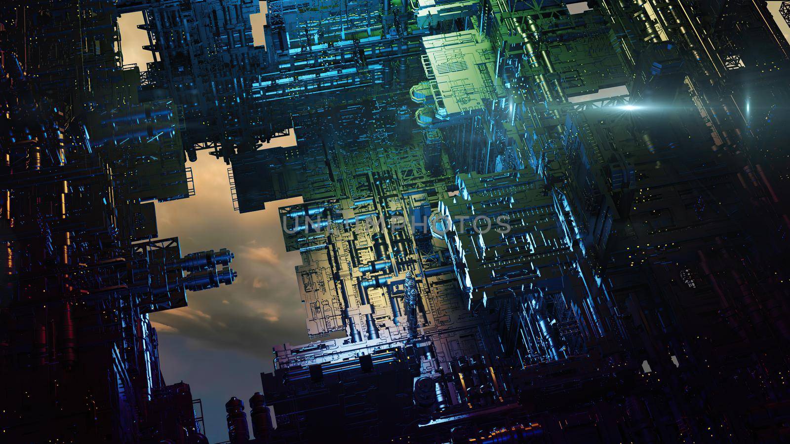 3d illustration - alien sci-fi city with optical flares by vitanovski