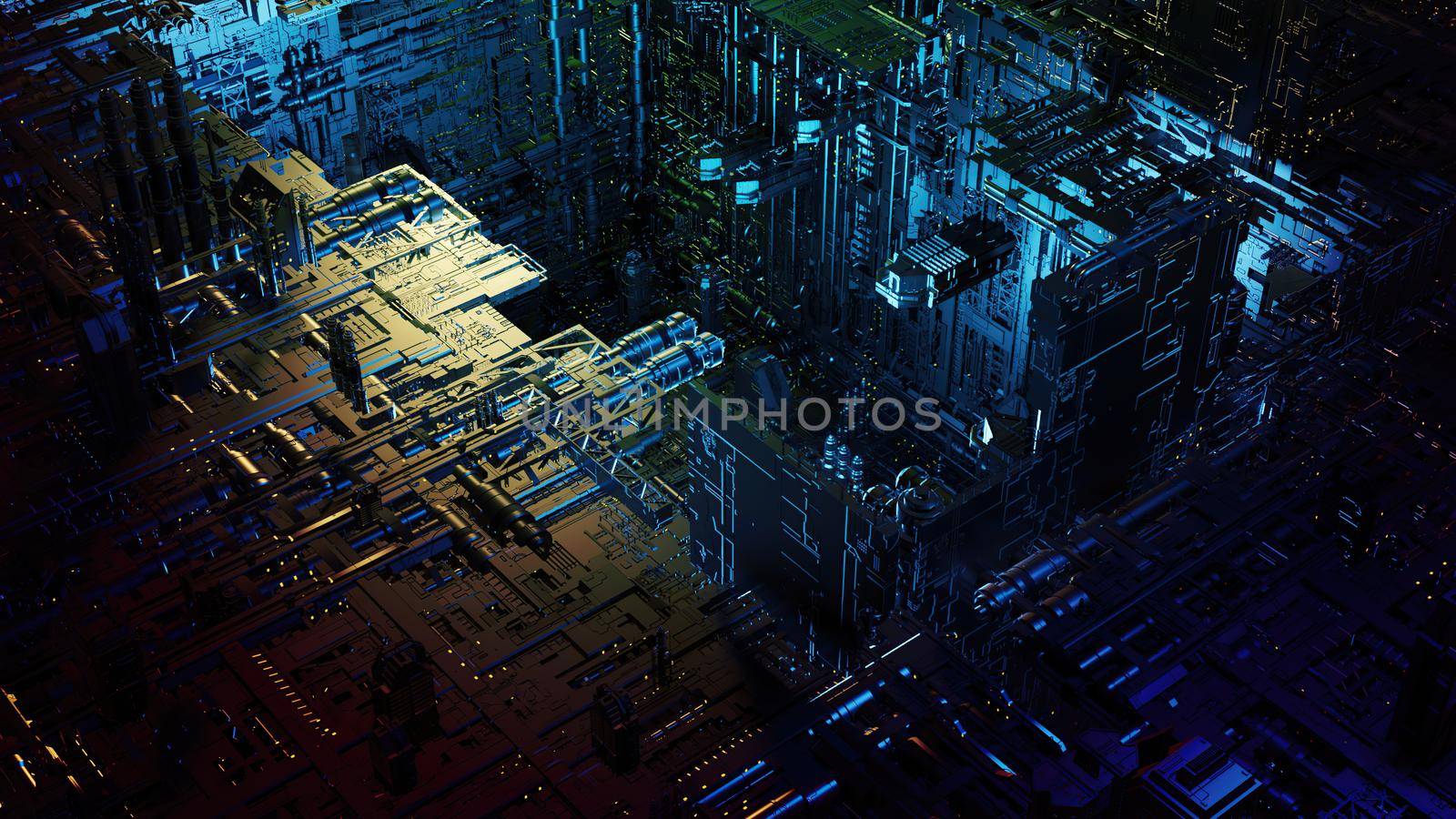 3d illustration - alien sci-fi city with optical flares by vitanovski