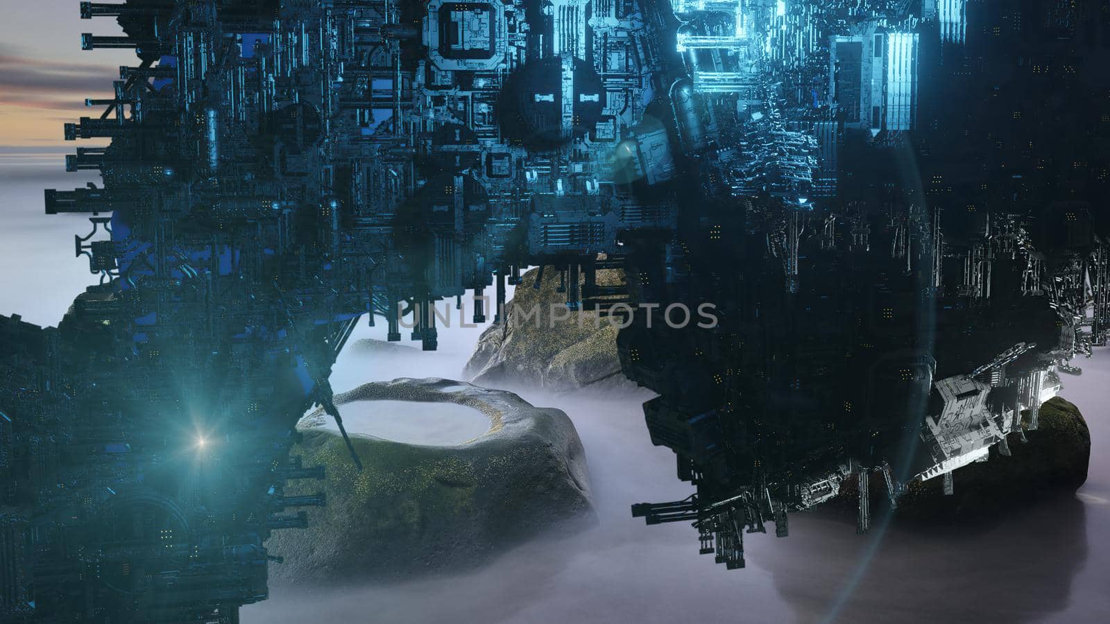 3d illustration - alien sci-fi city with optical flares