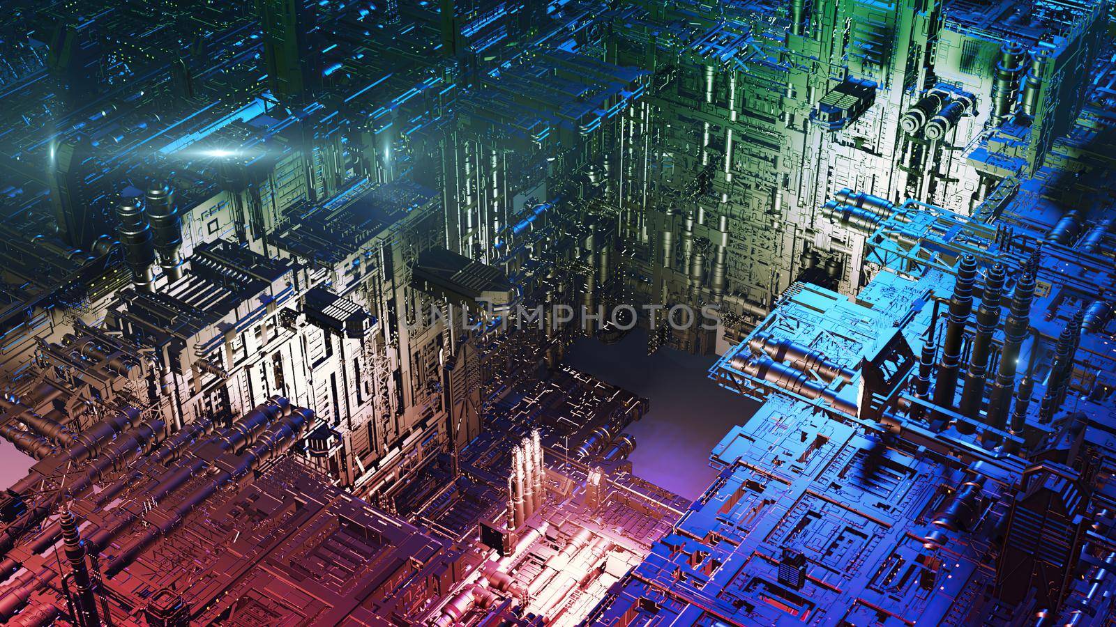 3d illustration - alien sci-fi city with optical flares