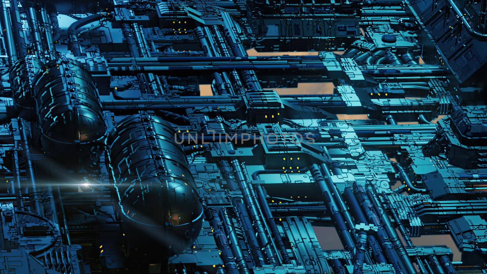 3d illustration - alien sci-fi city with optical flares