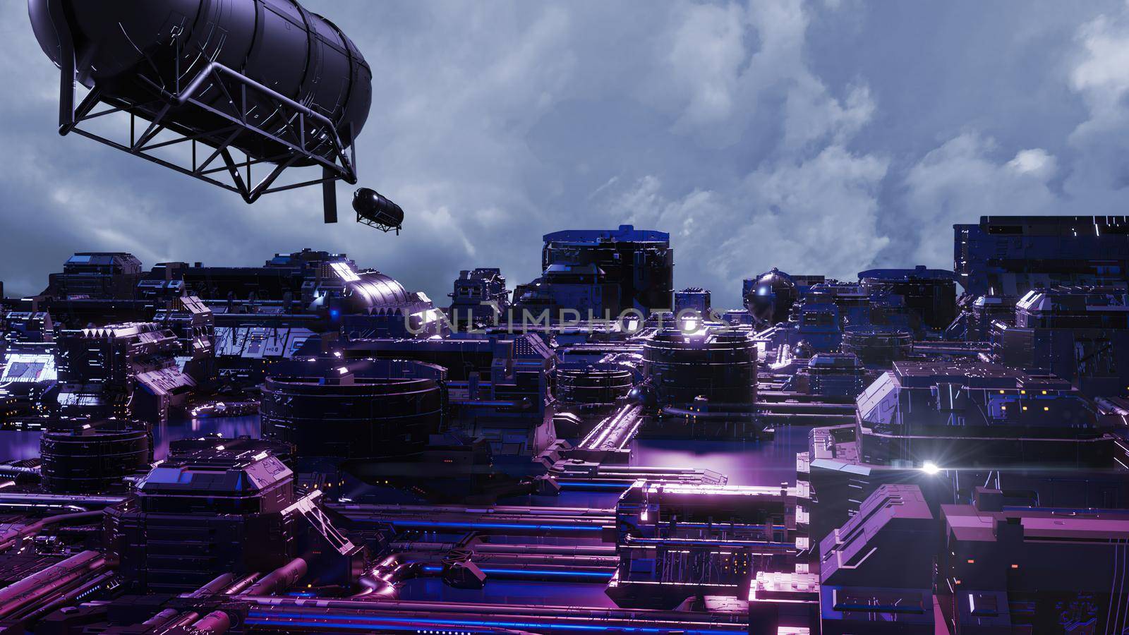 3d illustration - alien sci-fi city with optical flares by vitanovski