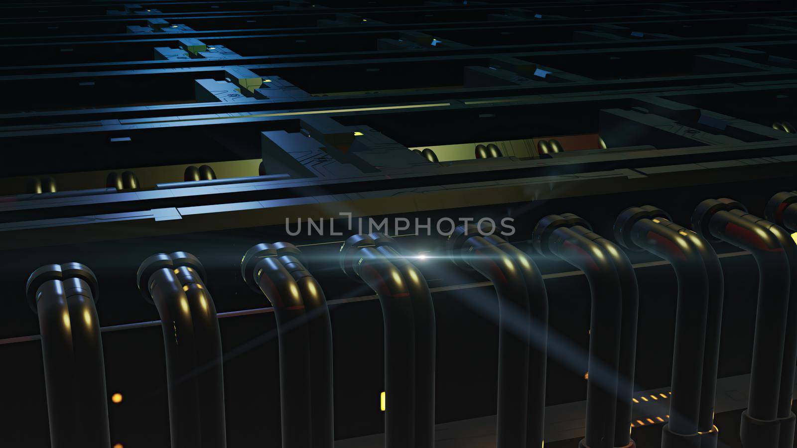 3d illustration - alien sci-fi city with optical flares