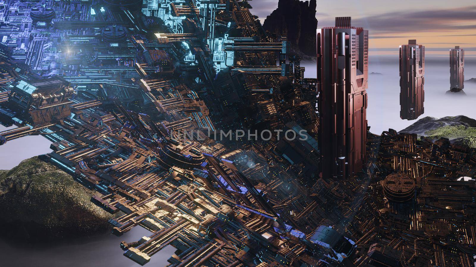 3d illustration - alien sci-fi city with optical flares by vitanovski