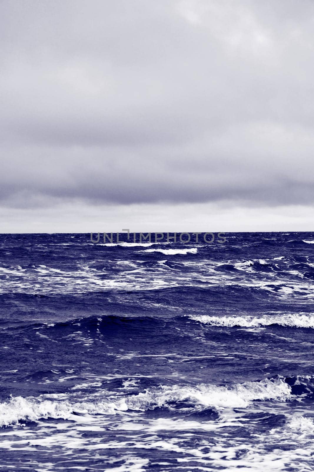 Very peri toned sea beach. North sea. Stormy weather: strong waves, gloomy sky, sea foam. Very peri monochrome color sea. A place for your writing. Copy space. Trendy colour 2022. by kizuneko