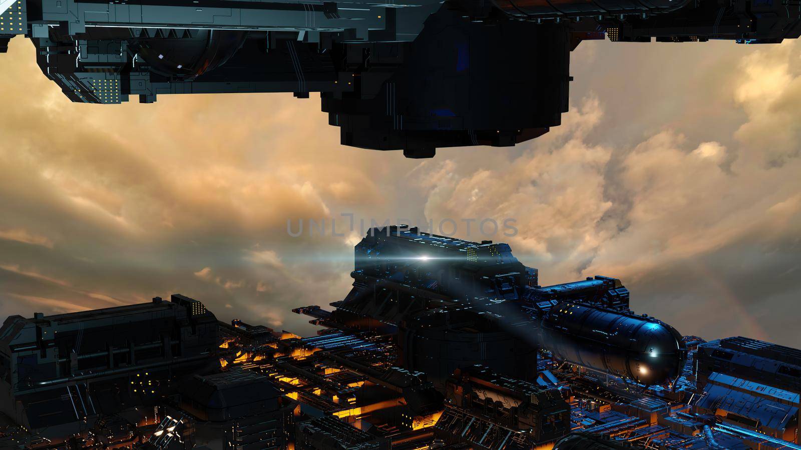 3d illustration - alien sci-fi city with optical flares by vitanovski