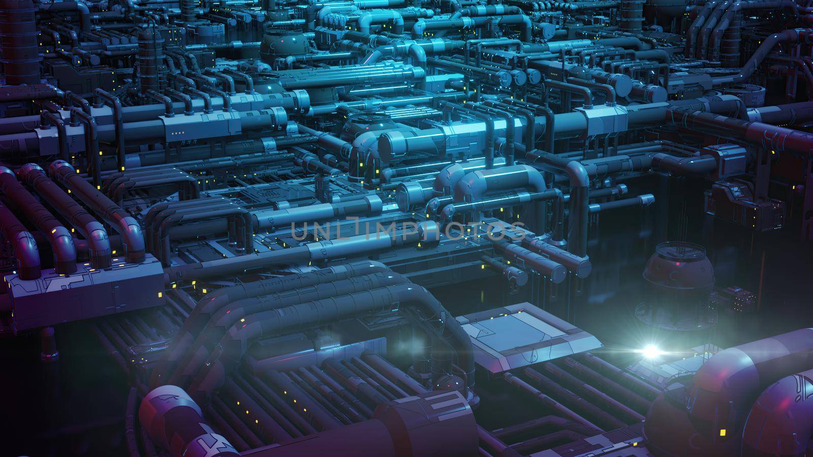 3d illustration - alien sci-fi city with optical flares