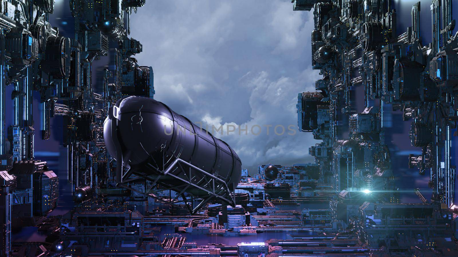 3d illustration - alien sci-fi city with optical flares